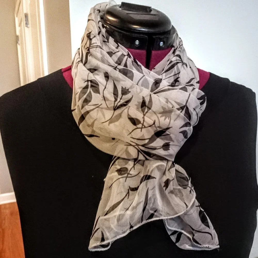 Chinese Tissue Silk B&W Leaf Print Oblong Scarf